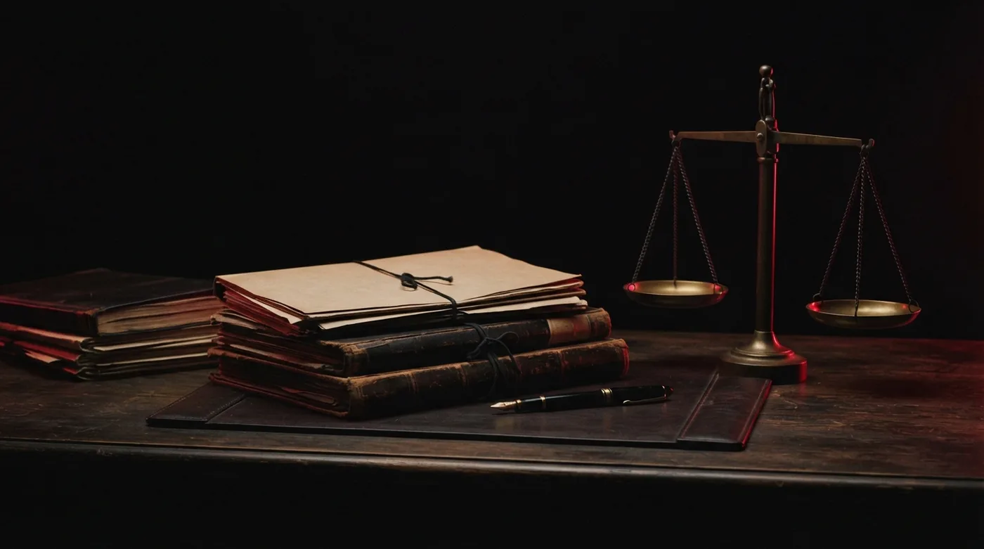 Escritorio de abogado con expedientes y una balanza iluminada en rojo