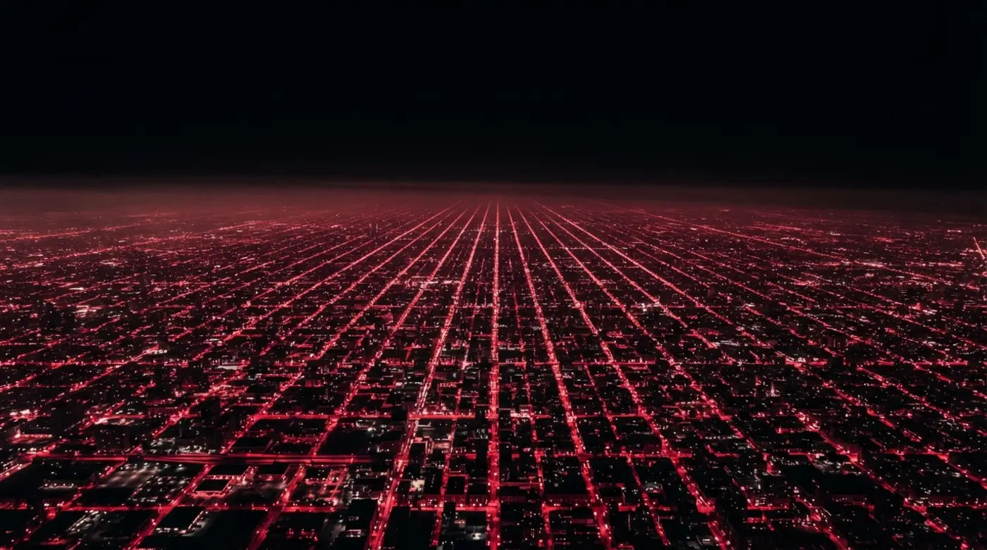 Vista aérea nocturna de una megaciudad con una retícula infinita de luces rojas