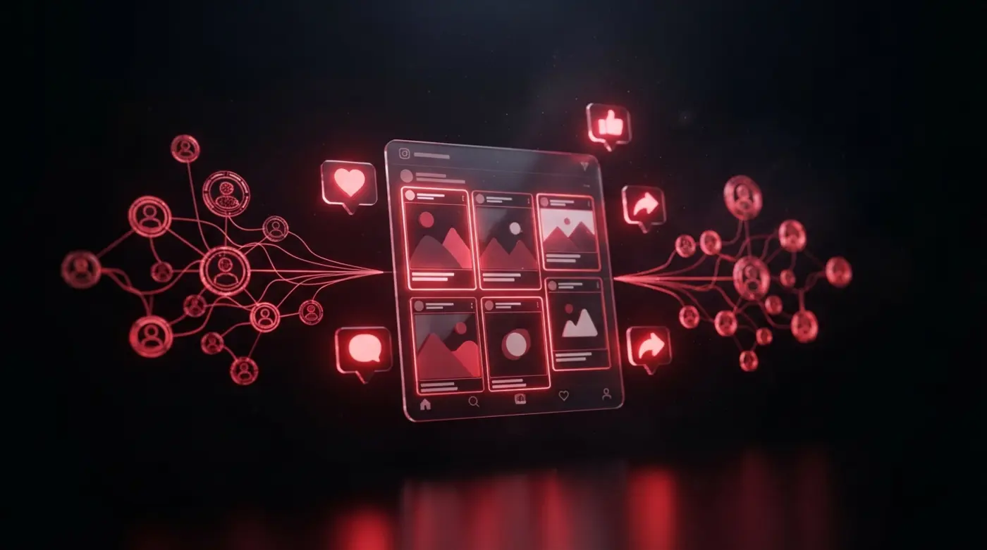 Feed de redes sociales con iconos de interacción y una red de perfiles conectados
