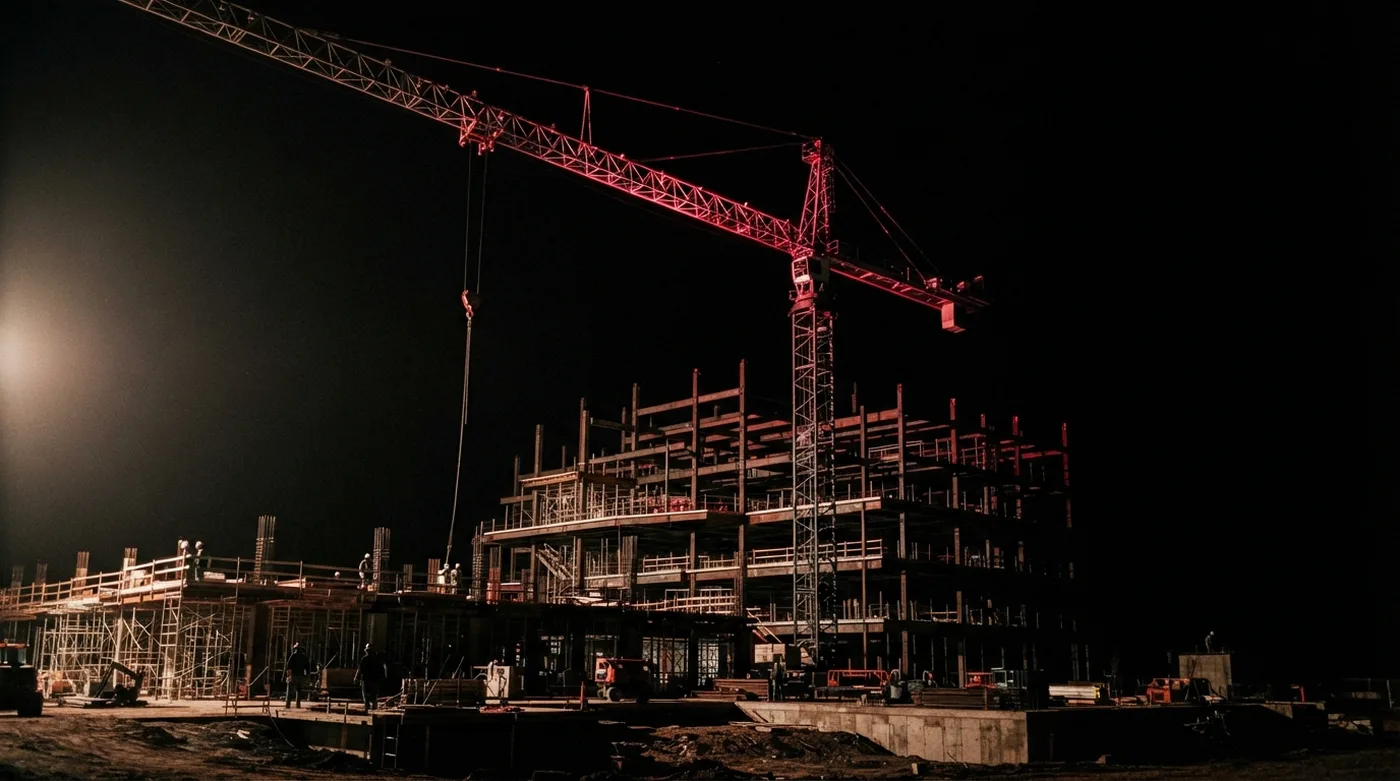 Obra en construcción con grúa y estructura de acero iluminada en rojo de noche