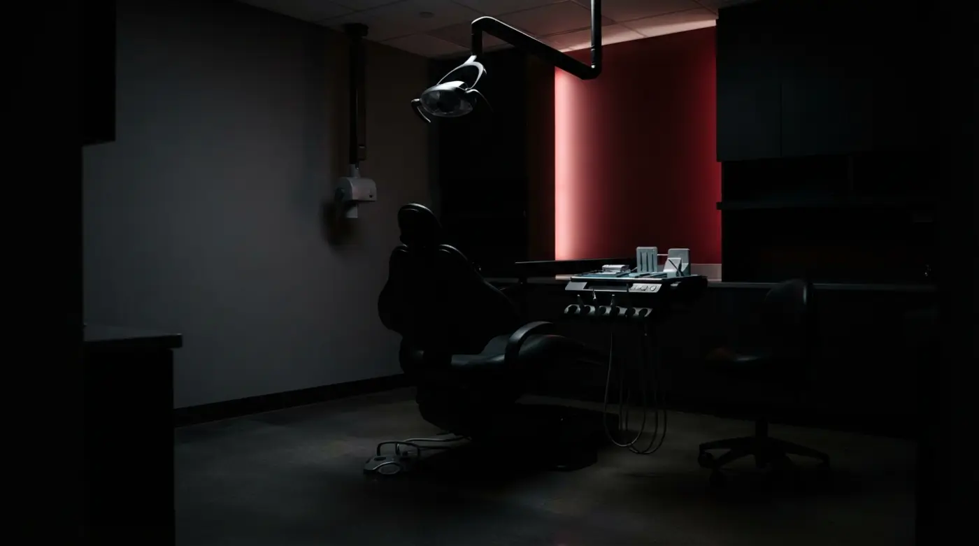 Consultorio dental vacío de noche con luz roja tenue sobre el sillón