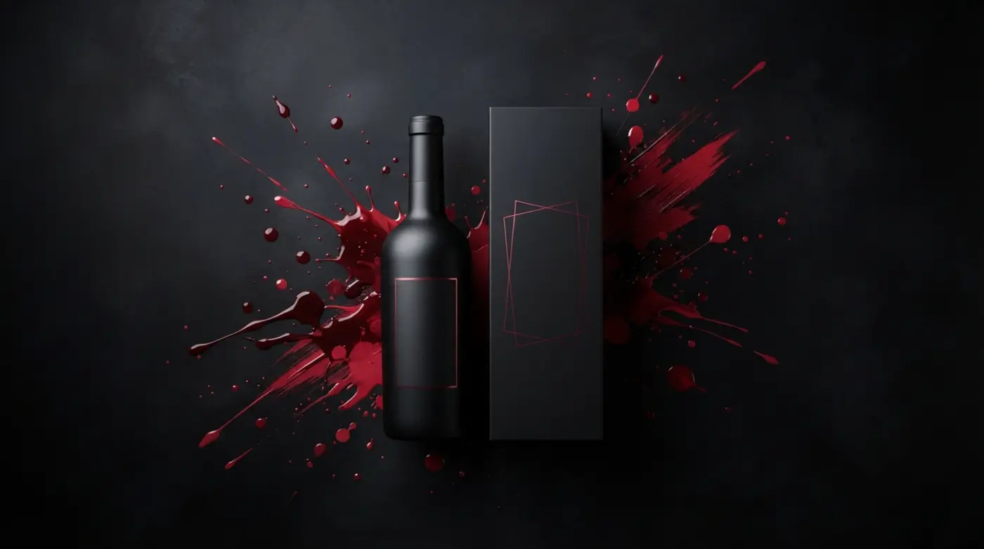 Diseño de empaque premium: botella y caja con marca minimalista y salpicaduras de tinta roja sobre fondo oscuro