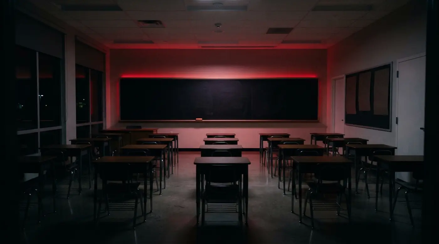 Salón de clases vacío de noche con luz roja tenue al fondo
