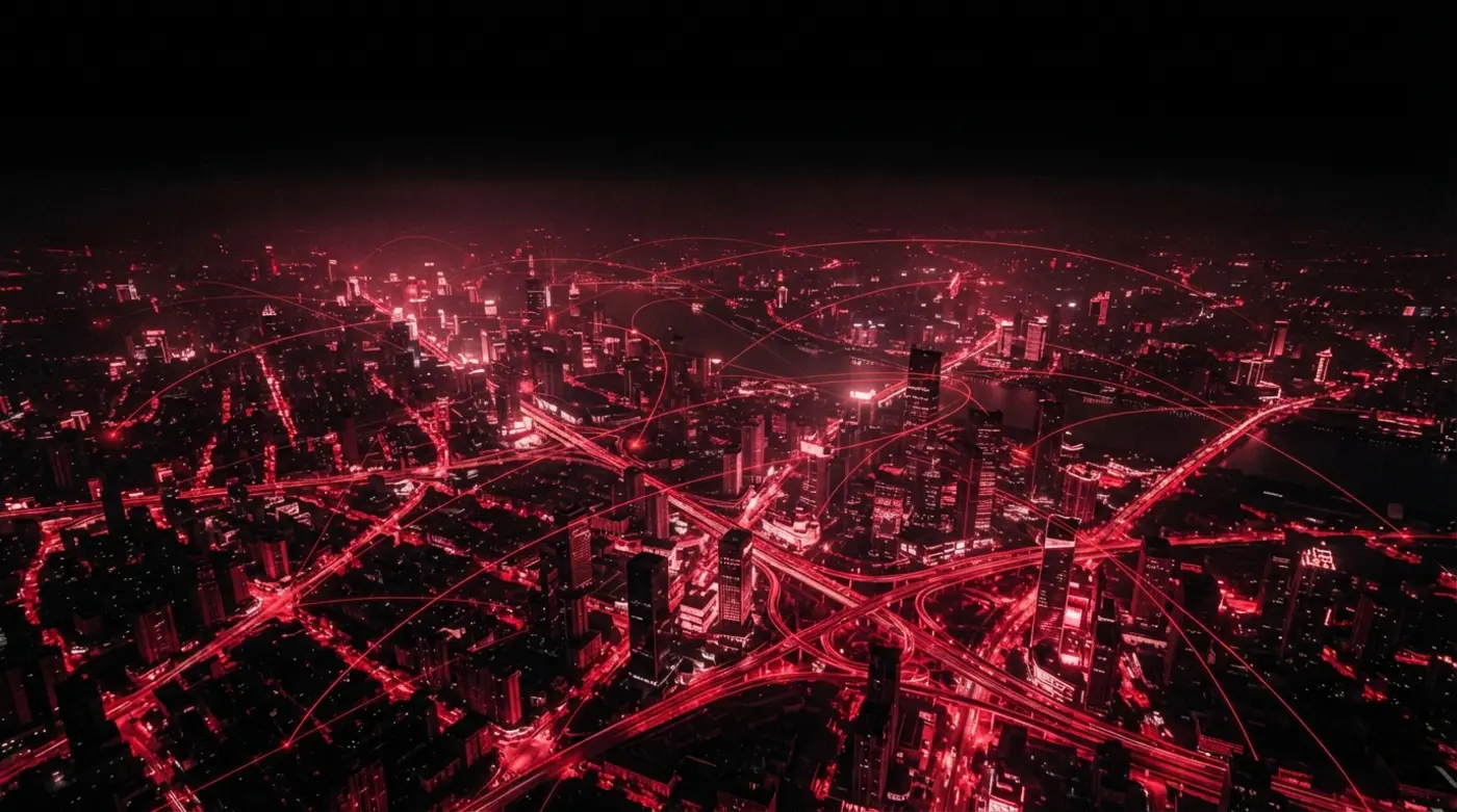 Vista aérea nocturna de una ciudad con la red de avenidas iluminada en rojo