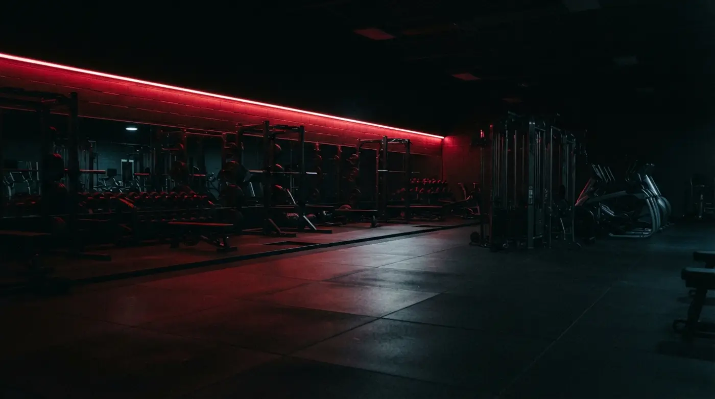 Piso de gimnasio vacío de noche con tira de luz roja en la pared