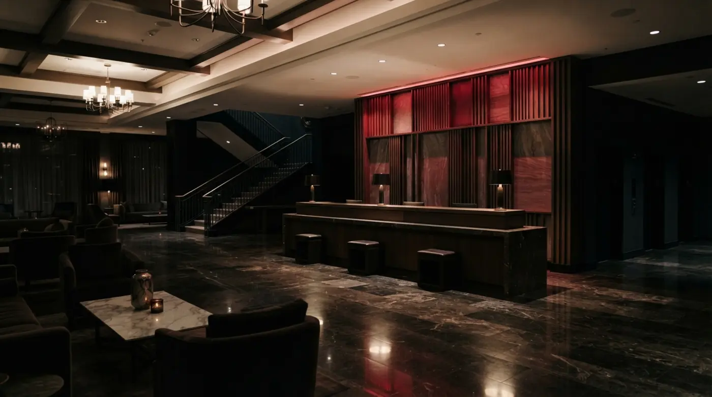 Recepción de hotel vacía de noche con luz roja tenue detrás del mostrador