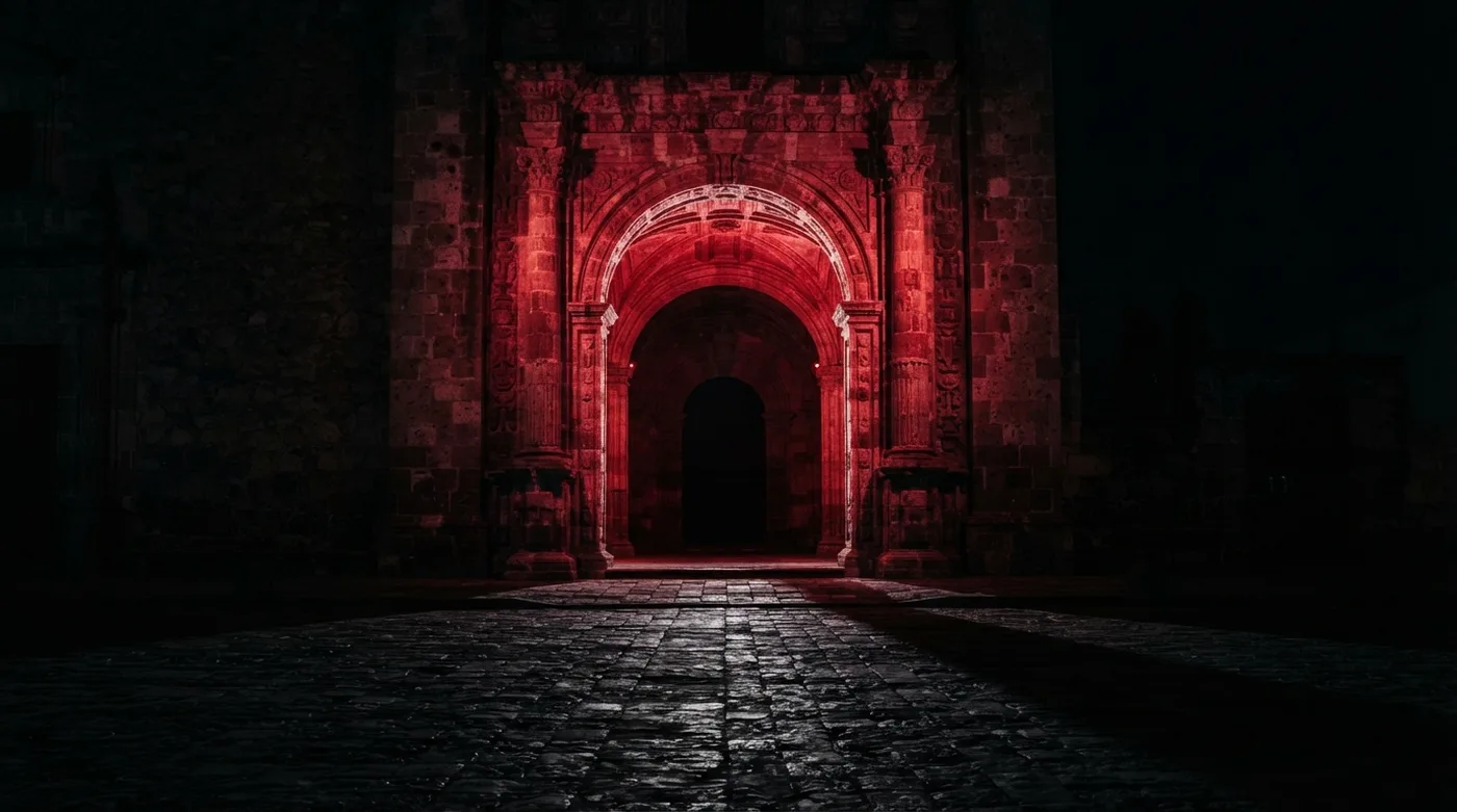 Fachada de piedra de un arco monumental iluminado en rojo profundo por la noche