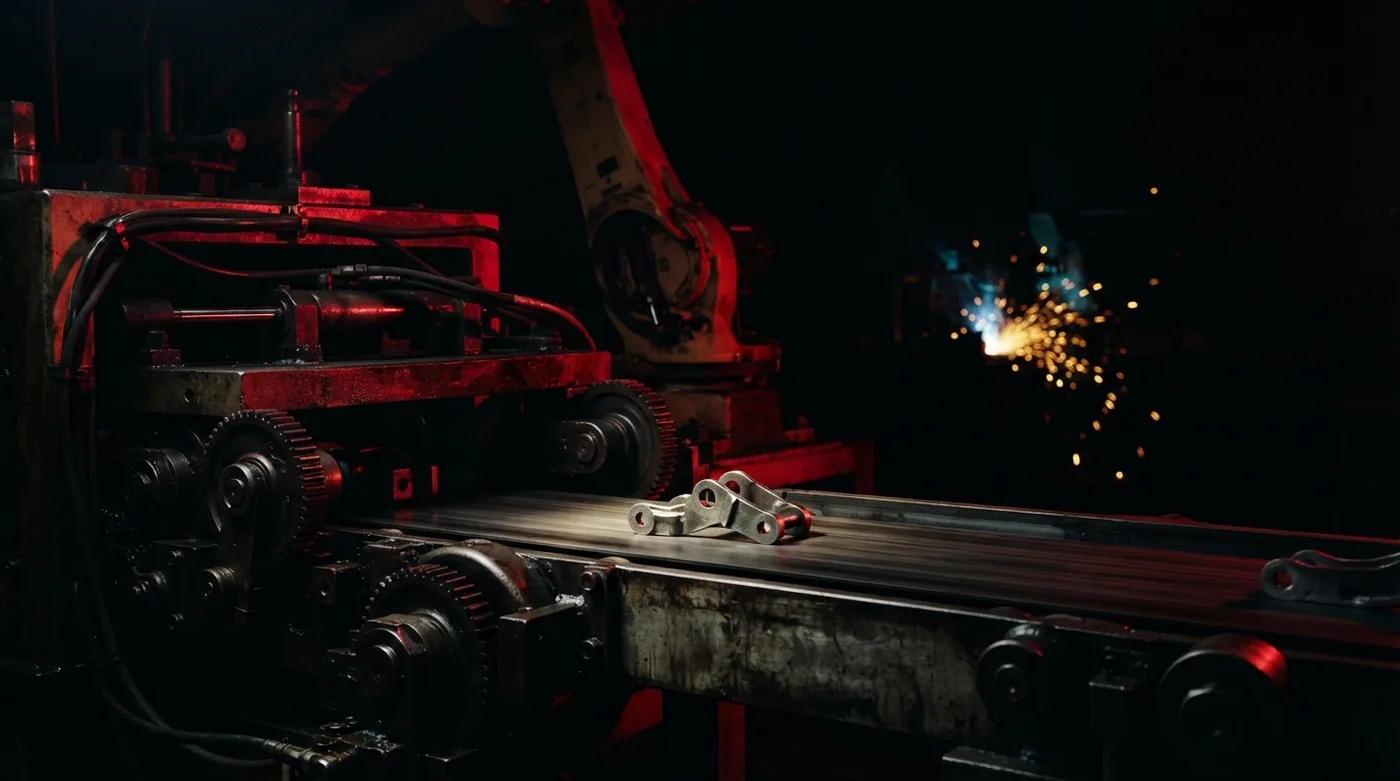 Línea de producción industrial con maquinaria iluminada en rojo