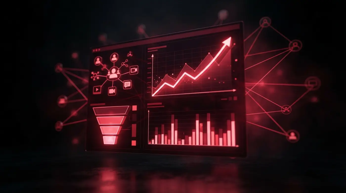 Tablero de marketing digital con gráfica de crecimiento, embudo de conversión y canales conectados