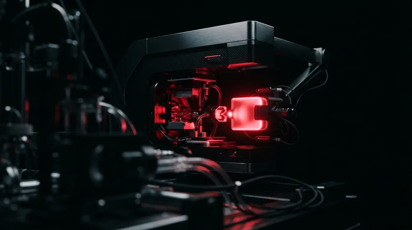 Espacio clínico oscuro con luz roja de diagnóstico
