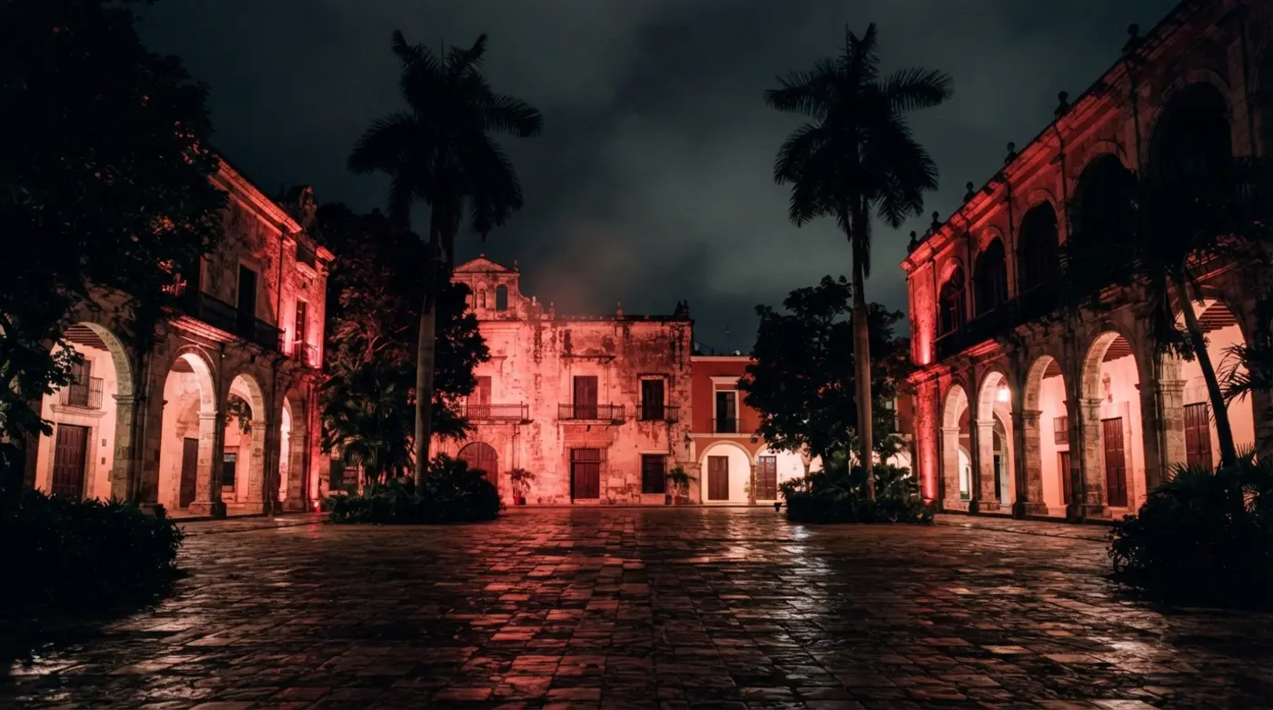 Plaza colonial de noche con arcadas de piedra y palmeras iluminadas en rojo