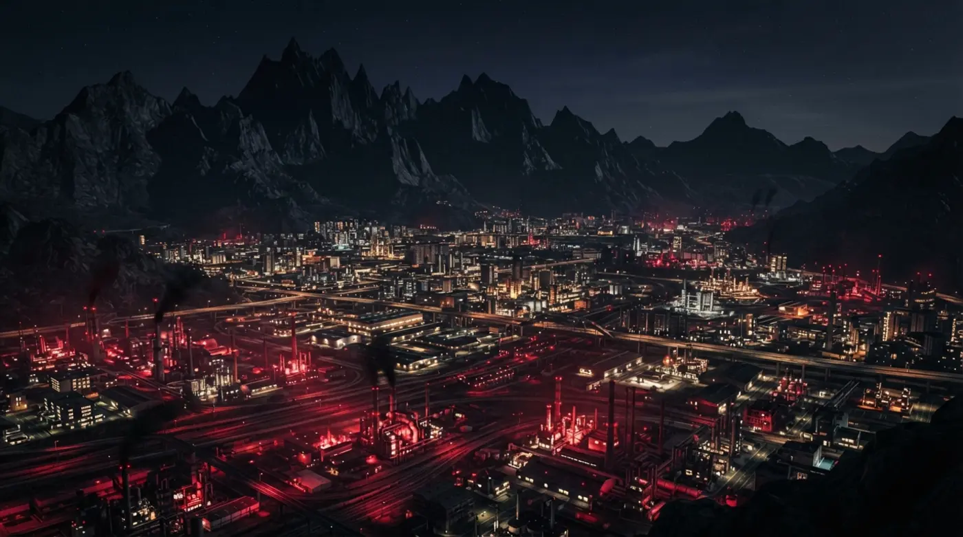 Ciudad industrial de noche al pie de montañas escarpadas iluminada en rojo
