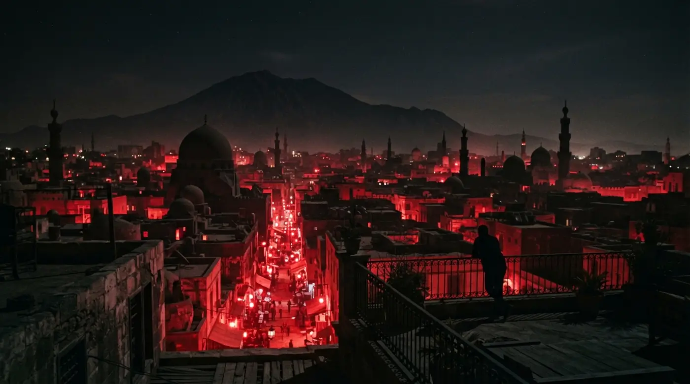 Cúpulas y torres de una ciudad de noche con luz roja cálida desde las calles