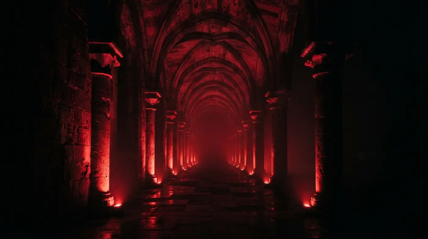 Arcos y columnatas de piedra iluminados en rojo profundo por la noche