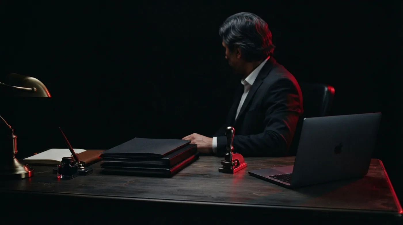 Escritorio de una notaría con expedientes de clientes y una computadora