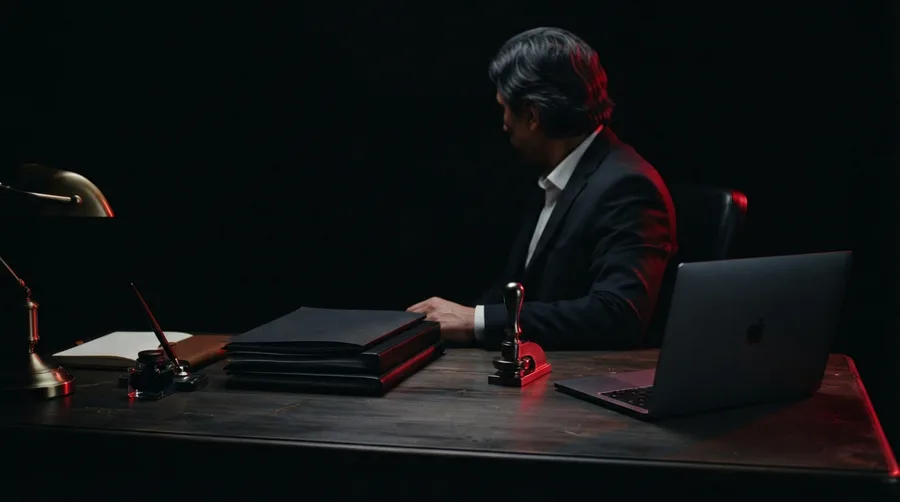 Escritorio de una notaría con expedientes de clientes y una computadora