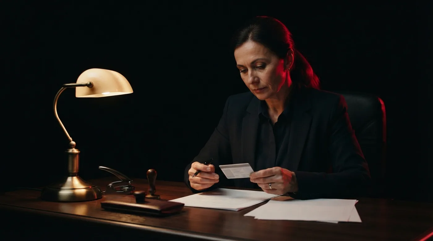 Notario revisando documentos de identificación de una empresa