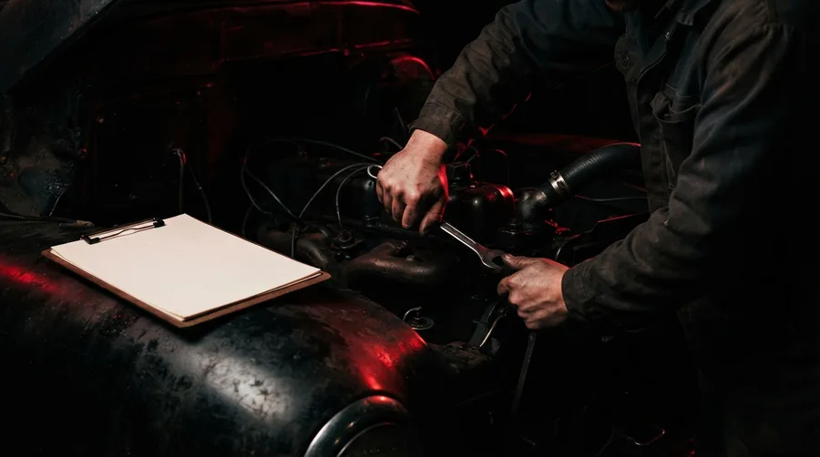 Manos de un mecánico con una llave junto al motor de un camión.