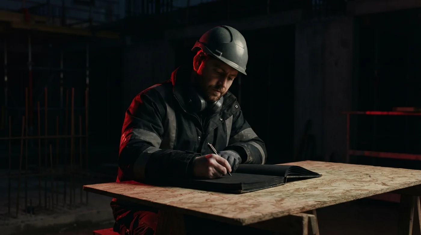 Residente de obra escribiendo en la bitácora en una construcción