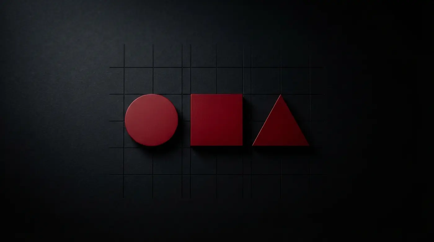 Composición abstracta de formas geométricas rojas sobre fondo negro