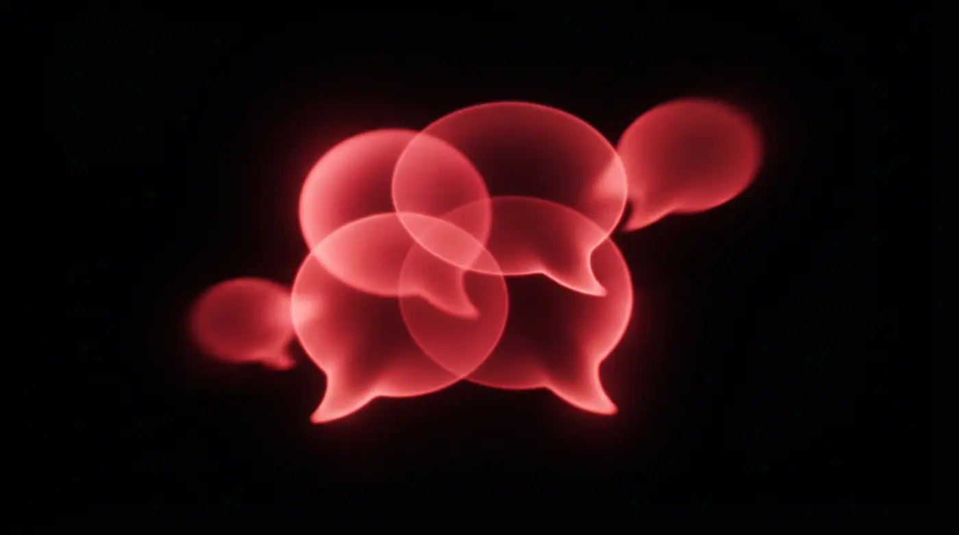 Composición abstracta de burbujas de conversación rojas sobre fondo negro