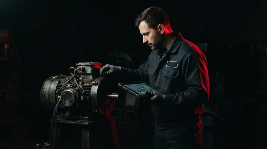 Técnico de mantenimiento revisando una máquina con una tableta