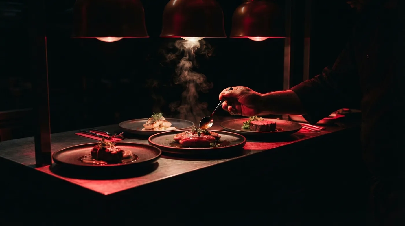 Pase de cocina de un restaurante con platos bajo lámparas de calor.