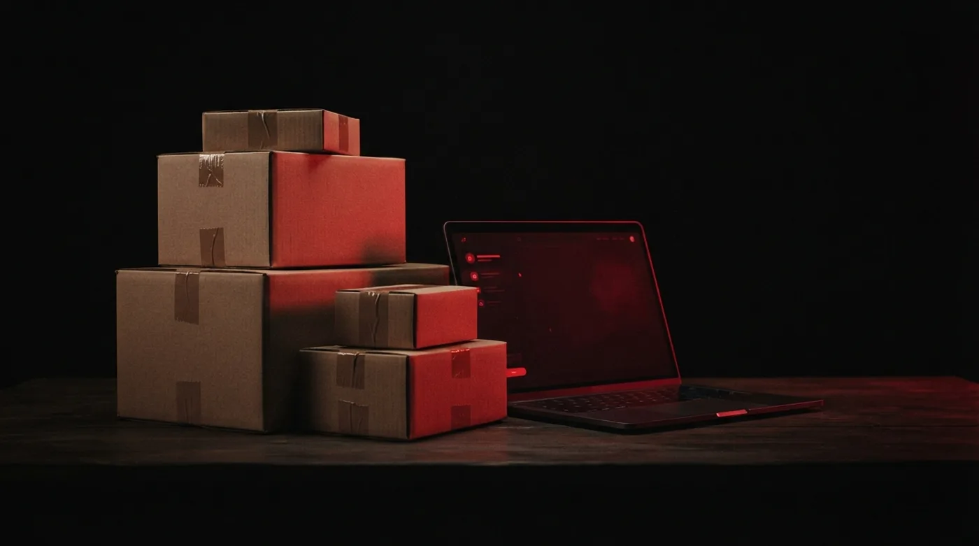 Cajas de envío apiladas sobre una mesa junto a una laptop.