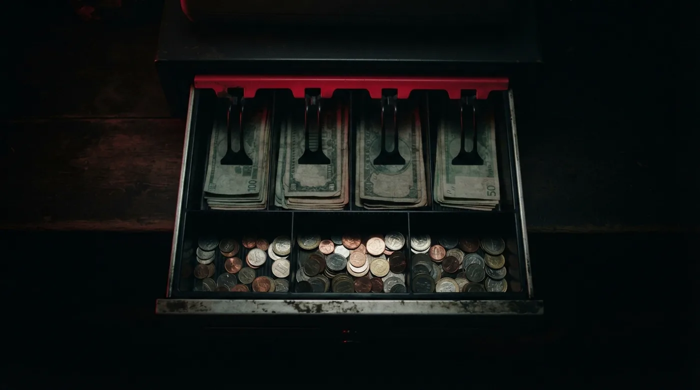 Cajón de caja registradora abierto con billetes y monedas visto desde arriba.