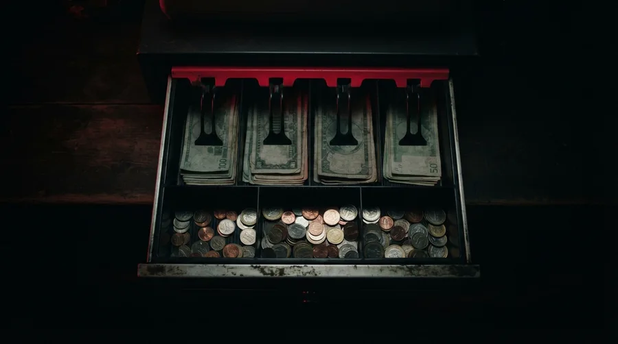 Cajón de caja registradora abierto con billetes y monedas visto desde arriba.