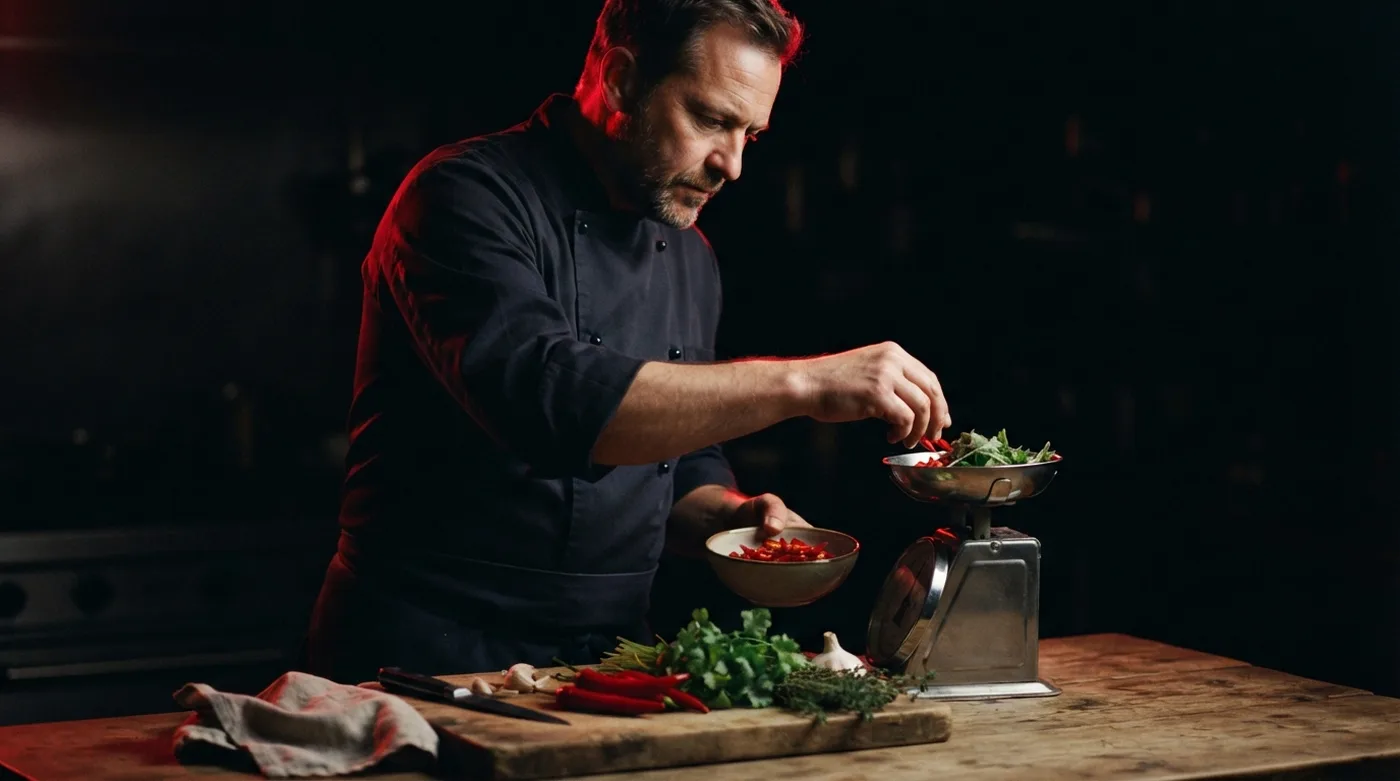 Chef pesando ingredientes en una báscula de cocina con verduras frescas.