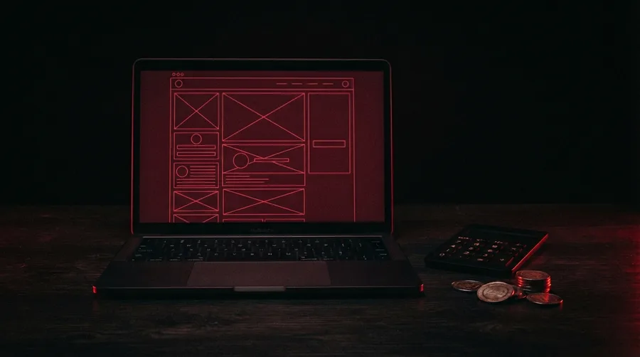 Laptop sobre un escritorio oscuro junto a una calculadora y monedas.