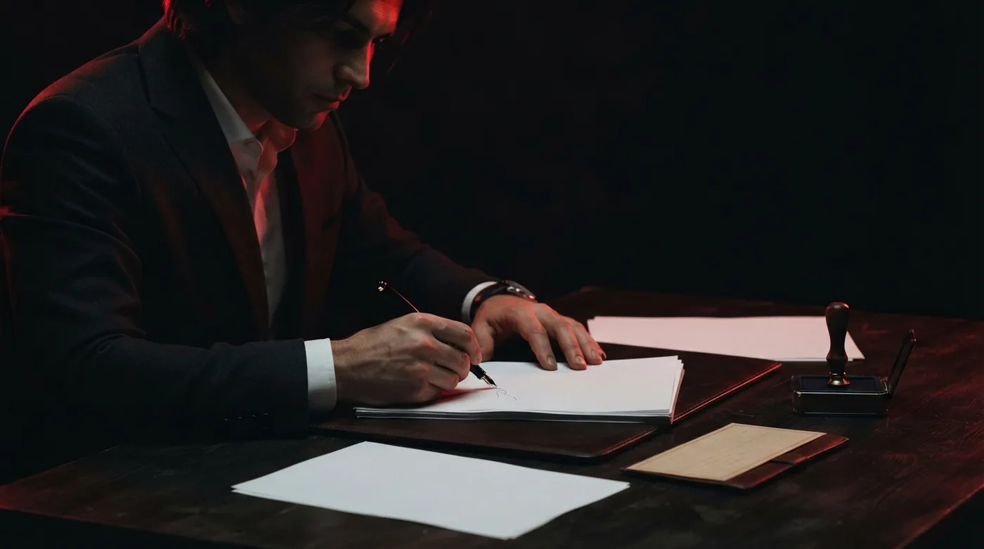 Abogado redactando una demanda con un pagaré sobre el escritorio