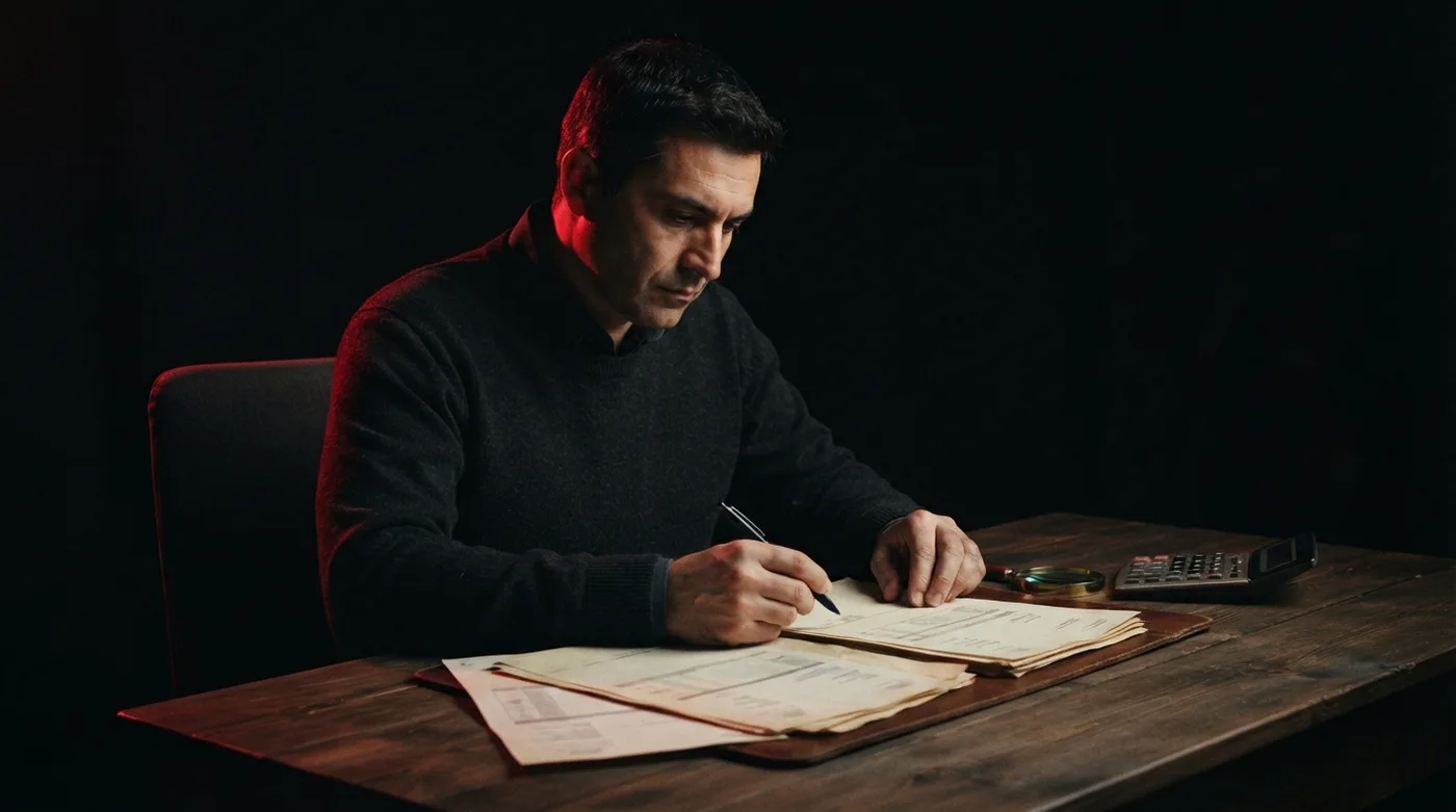Contador revisando facturas y una lista de proveedores en su escritorio