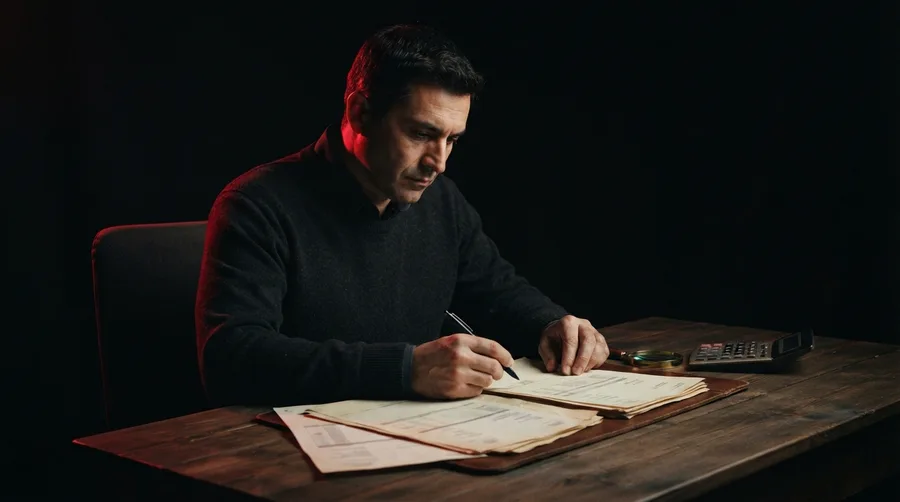 Contador revisando facturas y una lista de proveedores en su escritorio