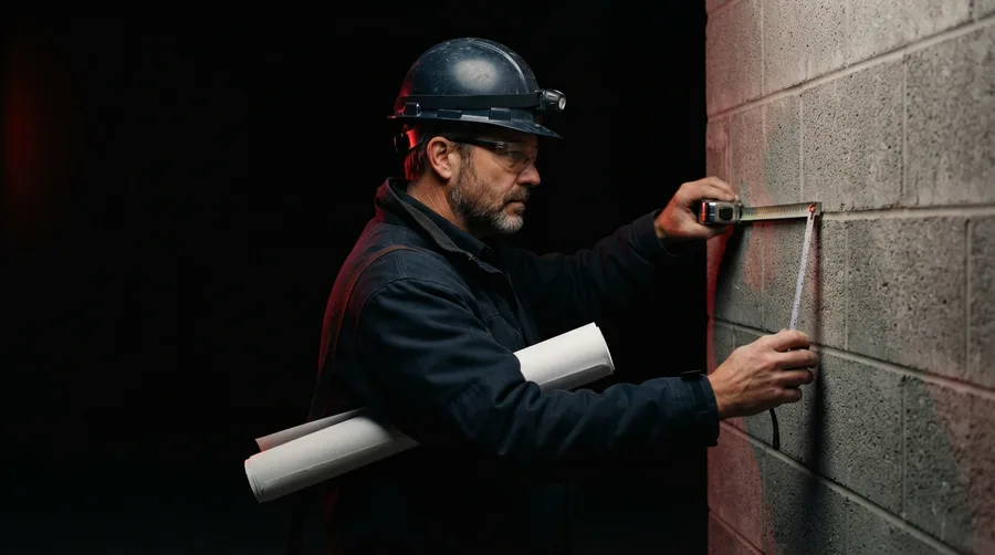 Ingeniero midiendo un muro para los números generadores de obra
