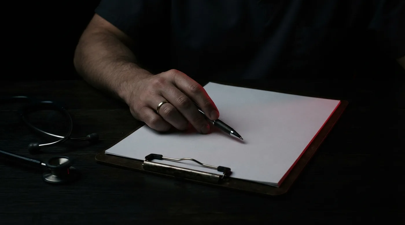 Médico escribiendo en un formato clínico sobre una tabla de notas.