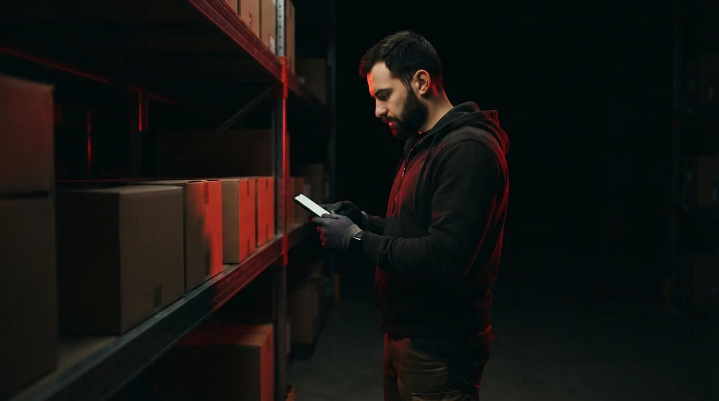 Almacenista contando cajas en un rack con un celular