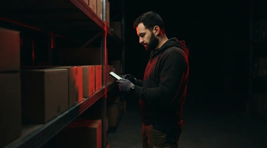 Almacenista contando cajas en un rack con un celular
