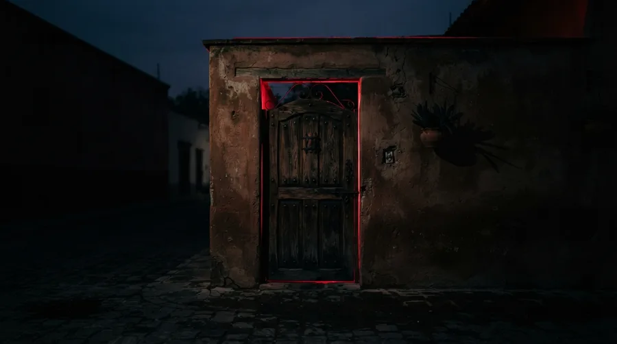 Casa con un portón en una calle de barrio al atardecer