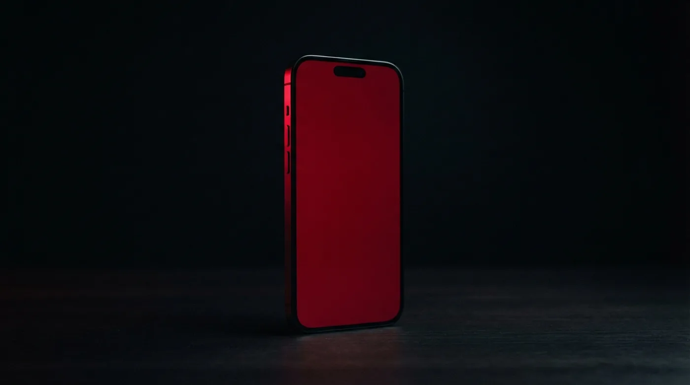 Celular de pie sobre un mostrador oscuro con la pantalla iluminada en rojo.