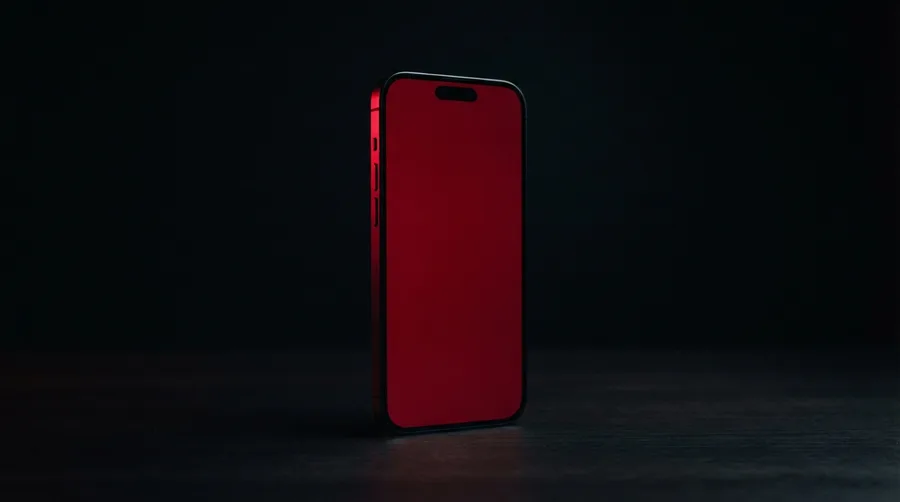 Celular de pie sobre un mostrador oscuro con la pantalla iluminada en rojo.