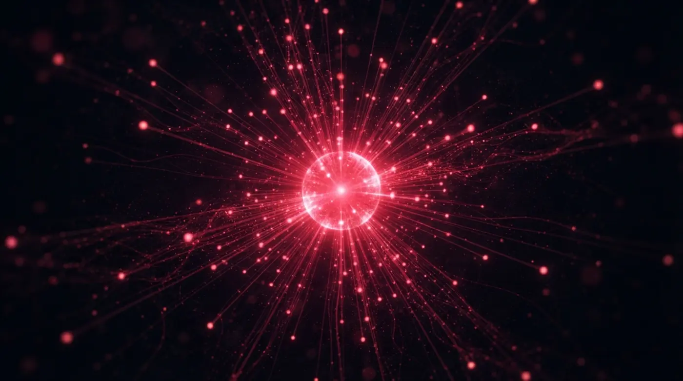 Nodo central de luz roja irradiando hacia muchos puntos menores sobre fondo negro