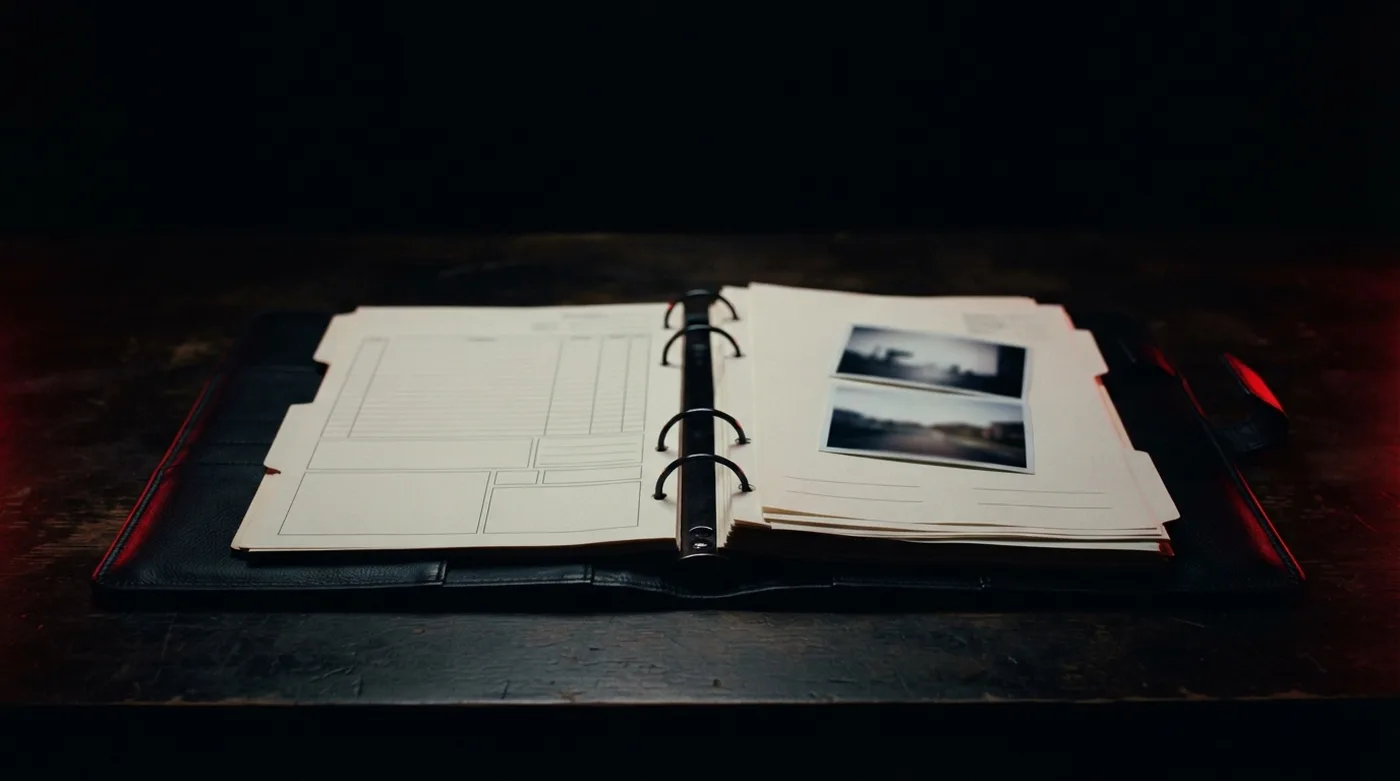 Carpeta con contratos, fotografías y comprobantes ordenados sobre un escritorio