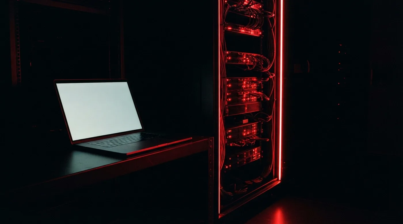 Servidor con luces rojas y una laptop con la pantalla encendida.