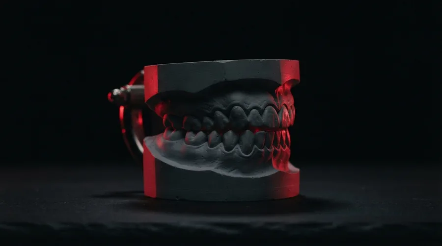 Modelo dental de dientes y mandíbula iluminado de lado.
