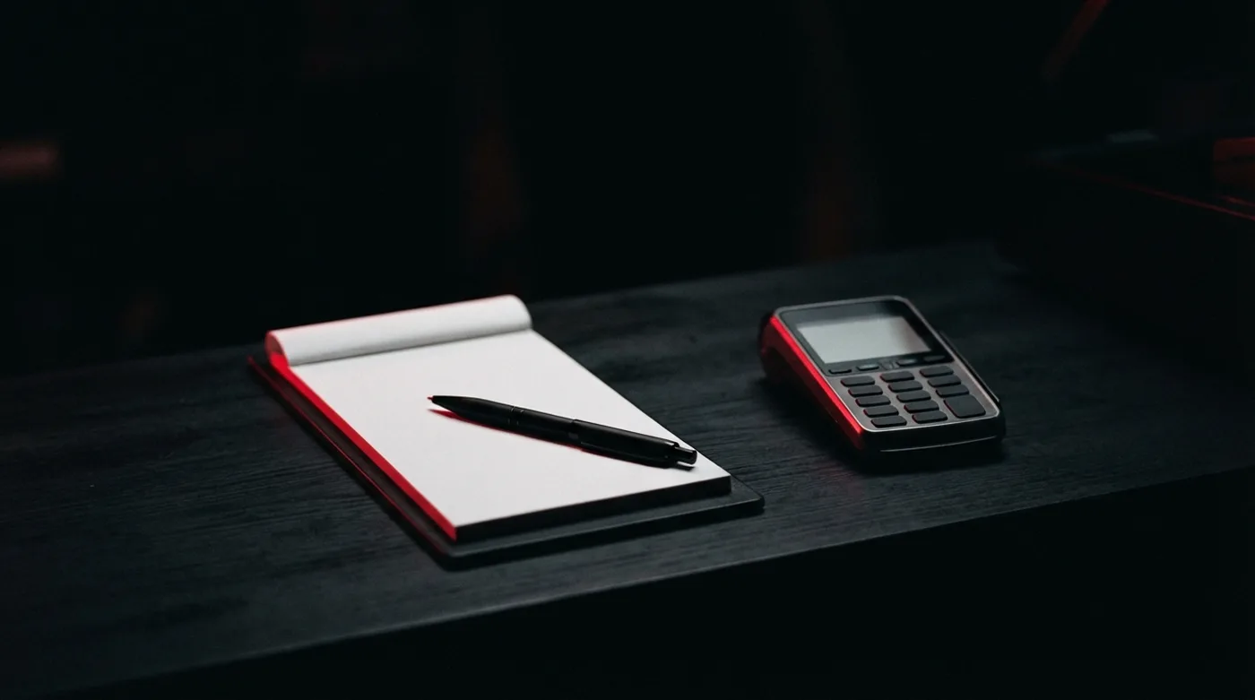 Mostrador de un negocio con una libreta de notas, una pluma y una terminal de cobro.