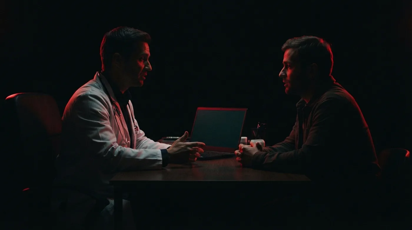 Médico conversando con un paciente en el consultorio, con una laptop entre ellos.