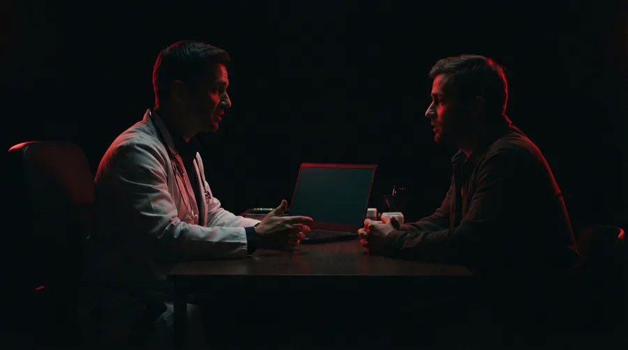 Médico conversando con un paciente en el consultorio, con una laptop entre ellos.