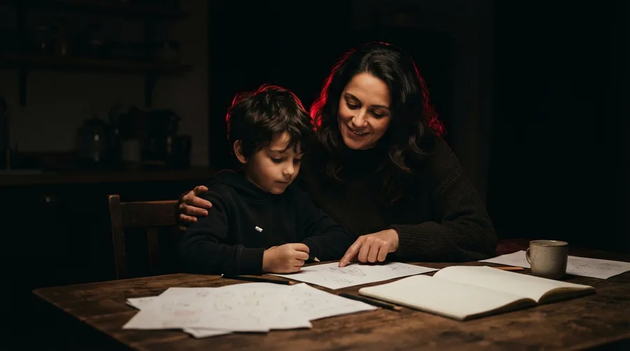 Madre e hijo revisando documentos en la mesa de la cocina